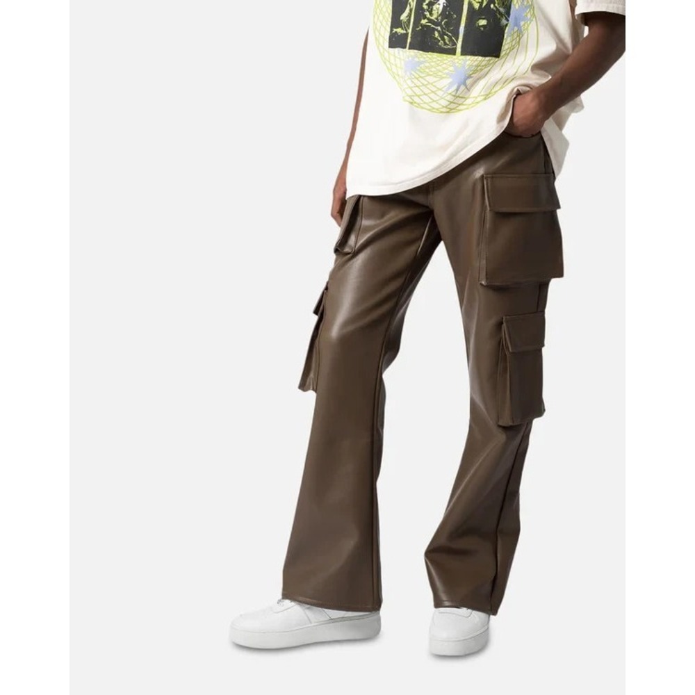 MNML Leather Double Snap Cargo‎ Pants 31 Chocolate Brown Techwear Streetwear